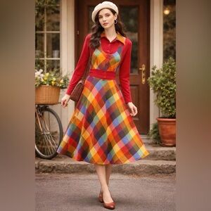 Vintage-Inspired Women's Red Plaid Full Skirt and jacket